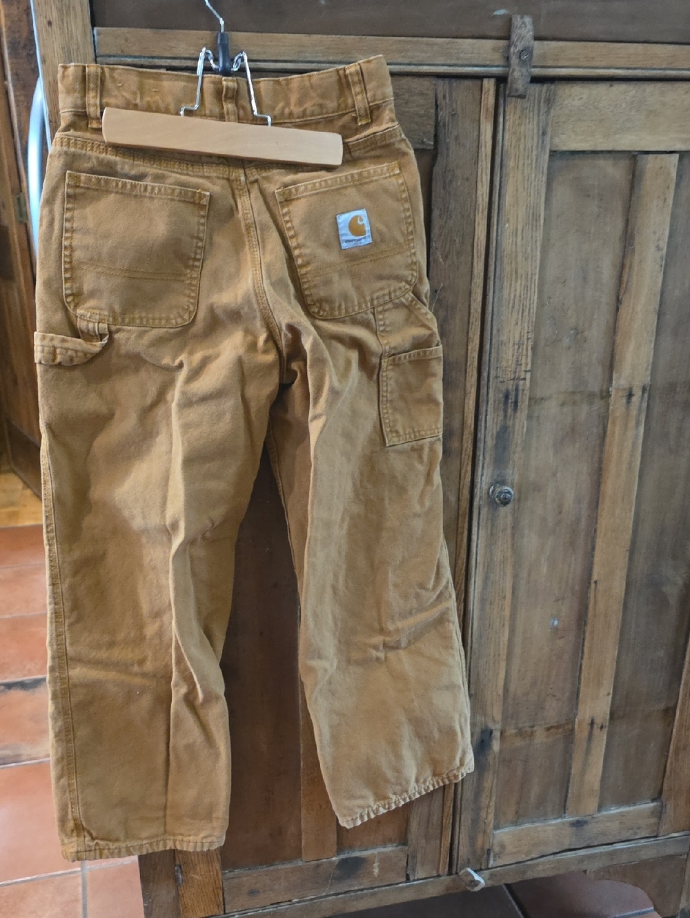 Boys Carhartt Tan Duck Work Pants Flannel Lined with Back Pocket PatchSize 12